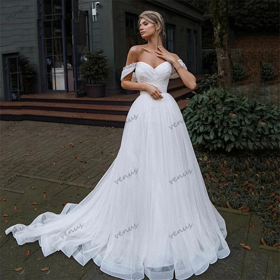 Vestidos nupciais de tule vintage, Fora do ombro, Vestes sem encosto para festa formal, Vestidos de casamento clássicos