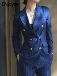 Women Vintage Striped Lapel Suit Blazer and Pants Two Pieces Set Ladies Korean Formal Long Sleeve Workwear 2024 Spring Fall