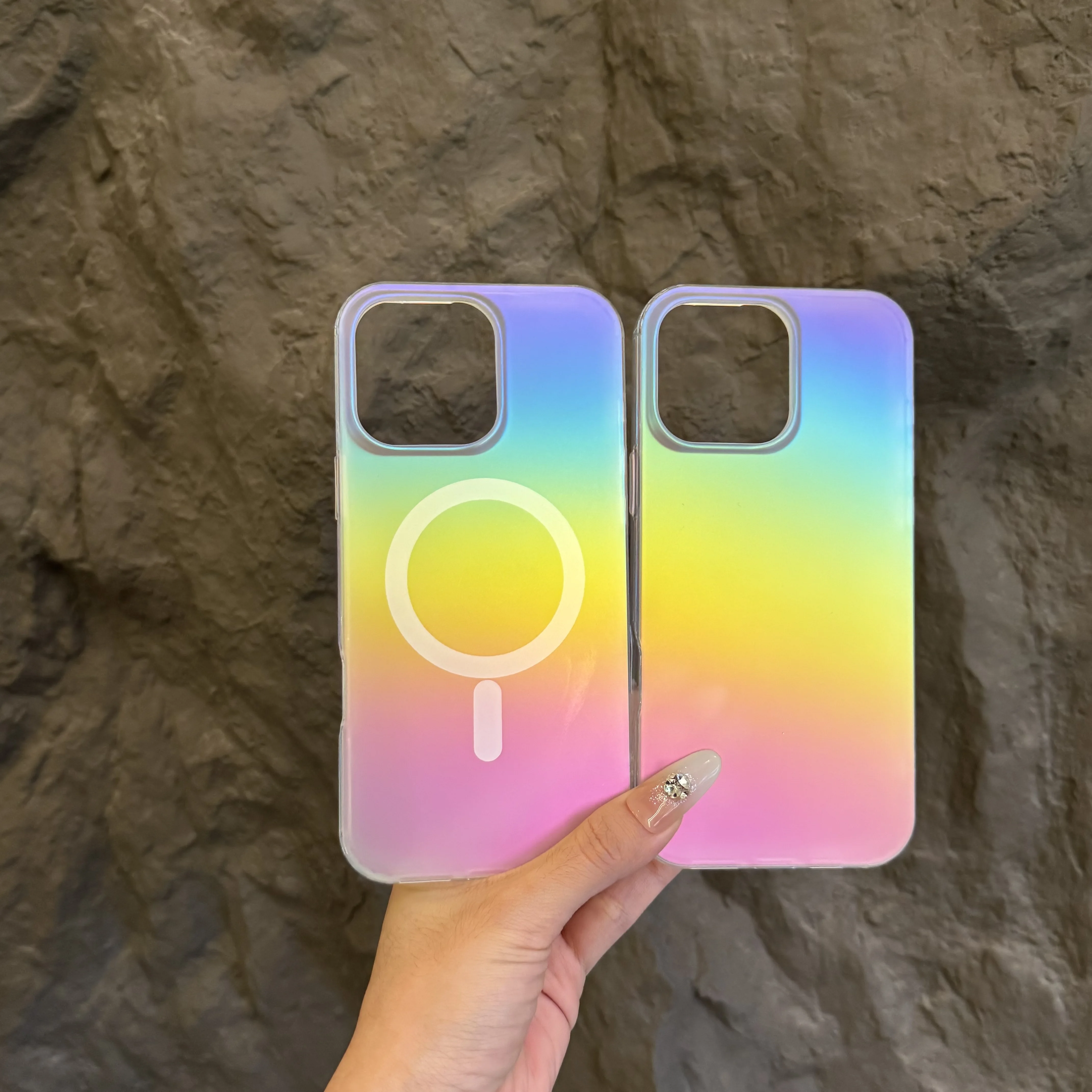 Gradiente arco-íris laser magnético para magsafe caso de telefone para iphone 17 16 15 14 13 pro max colorido carregamento sem fio capa dura.