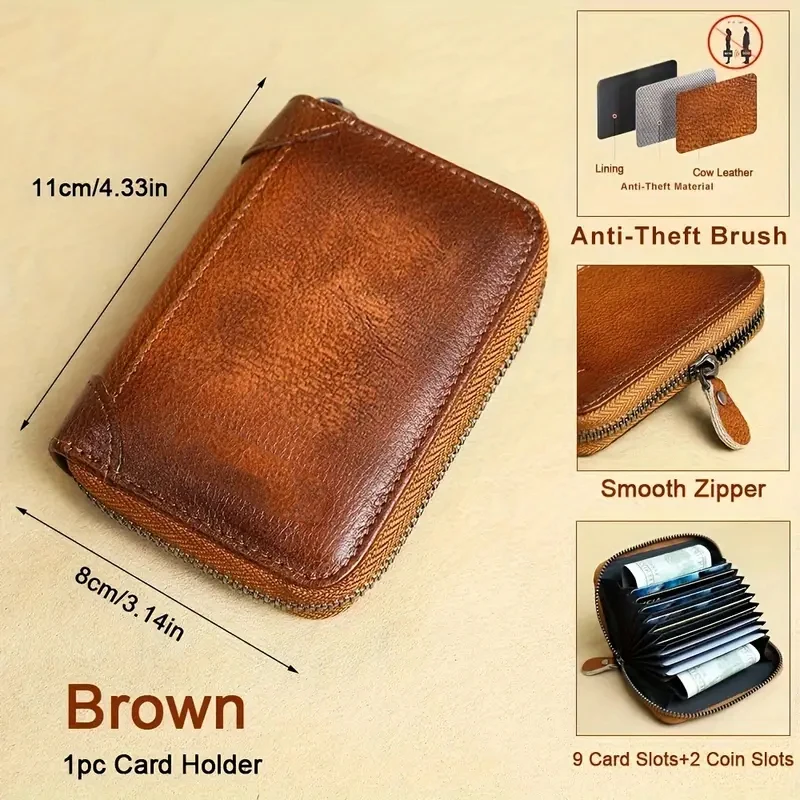 YATBEST Men's Card Bag Large Capacity RFID Anti Theft Brush Retro Zipper Organ Card Bag Storage Daily Commuter Unisex