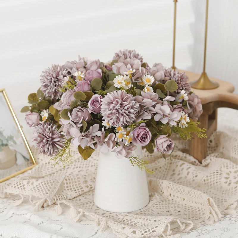 Ramo de té rosa de seda delicada, girasol, decoración de boda, hogar, Día de San Valentín, Hortensia de diente de león, flores artificiales