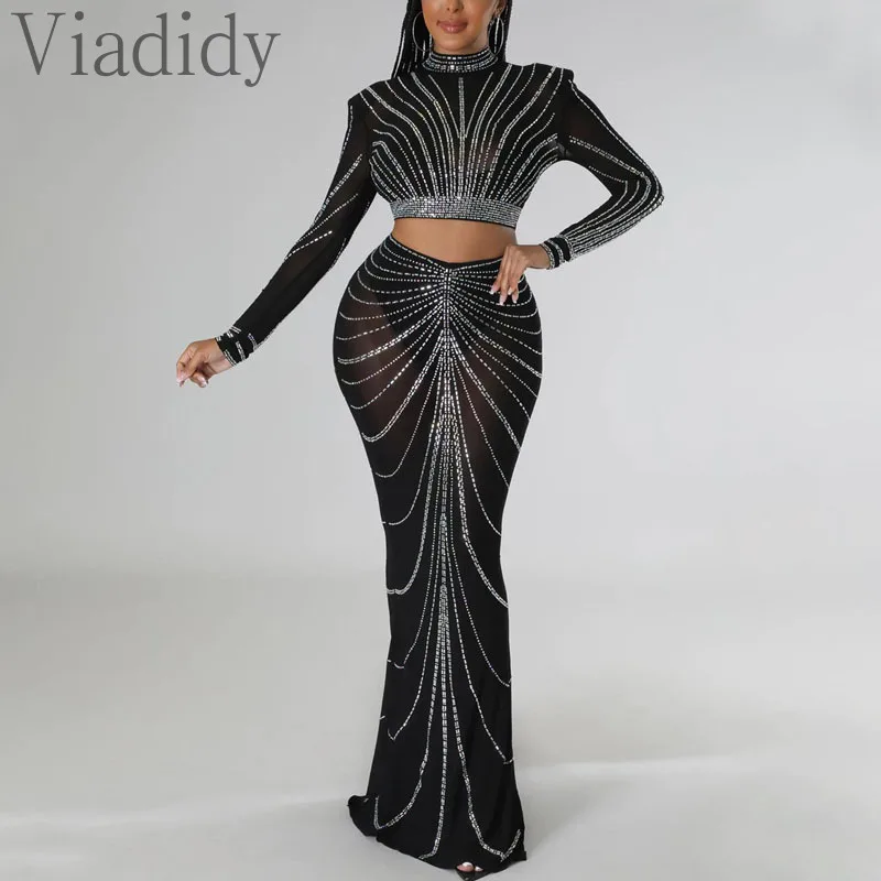 Women Sexy See Through Sheer Mesh Rhinestone Decor Long Sleeve Top and High Waist Mermaid Skirt 2pcs Set