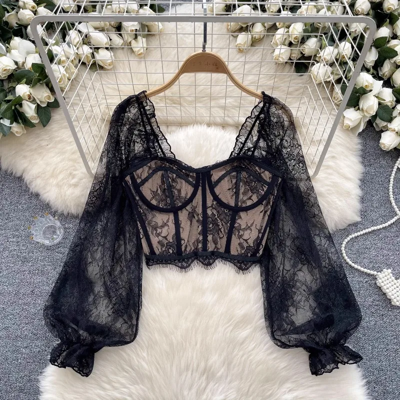 

Women Chic Lace Flare Long Sleeve Square Collar Backless Crop Top Solid Slim Sexy Korean Fashion Summer Women Shirt