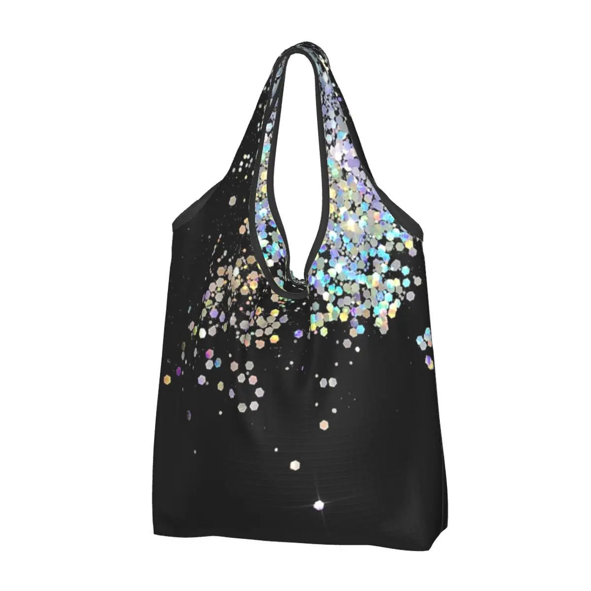 Black And Holographic Sparkle Portable Tote Shopping Bags Reusable Shopper Bag Grocery Handbag Shoulder Bag