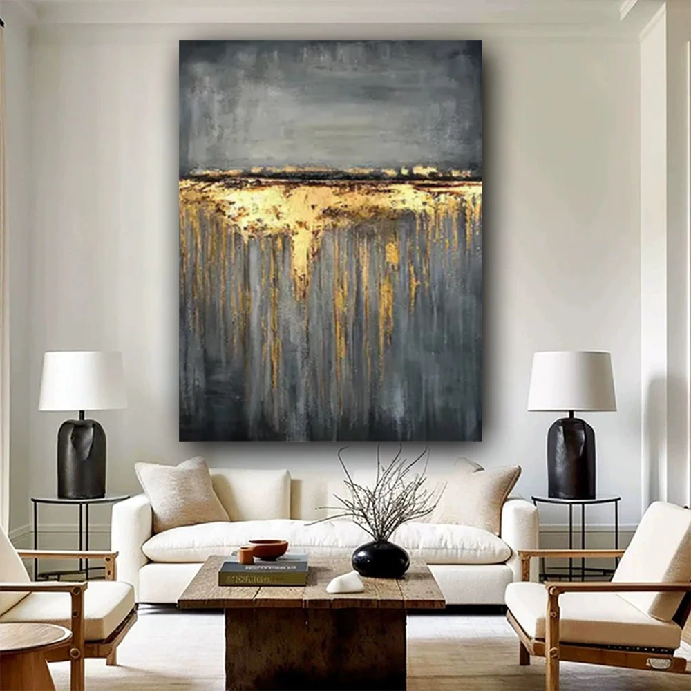

Modern salon wall landscape picture Pure Hand drawn abstract oil painting on canvas gold foil picture for living room Decor art