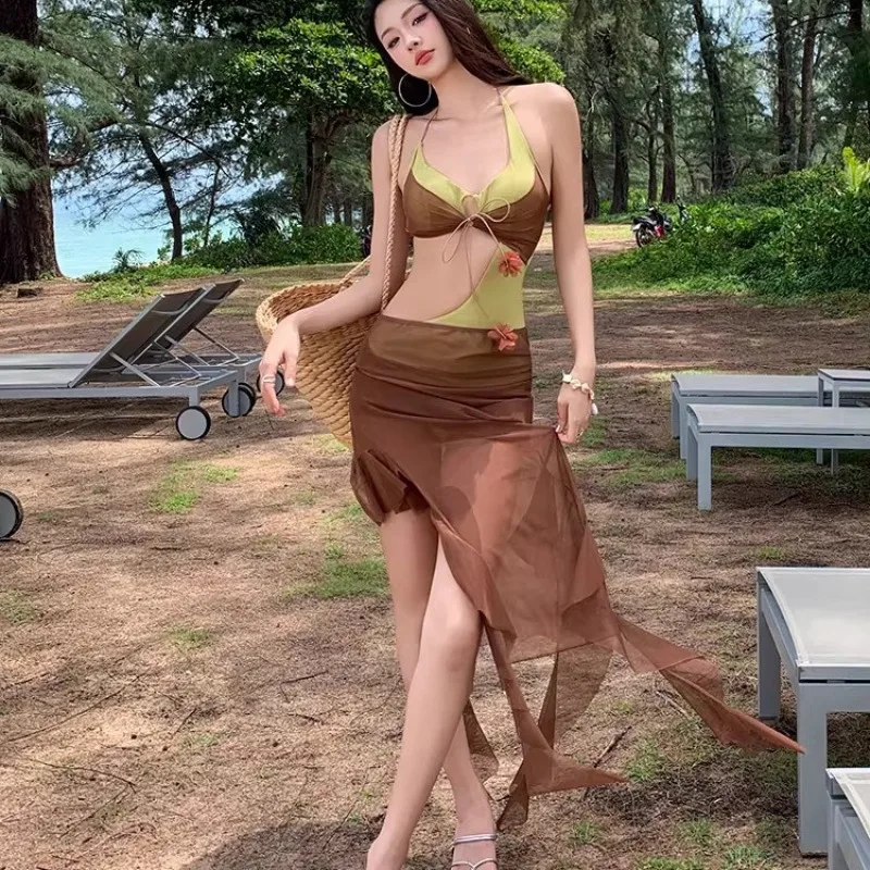 

Women's One-Piece Swimsuit with Sheer Skirt, High-End Polyester Sexy Bikini, Tummy Control Bathing Suit for Hot Spring & Beach