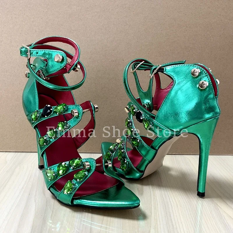 

2025 New Women's Green Gem High Heel Sandals Crystal Metal Straps Pointed Open Toe Party Shoes Fashion Female Elegant Footwear