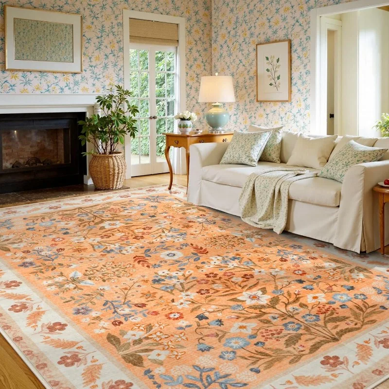 

Nordic Retro Living Room Carpet Plant Flower Print Bedroom Rug Large Area Machine Washable Non-slip Coffee Table Mat Tapis Ковер