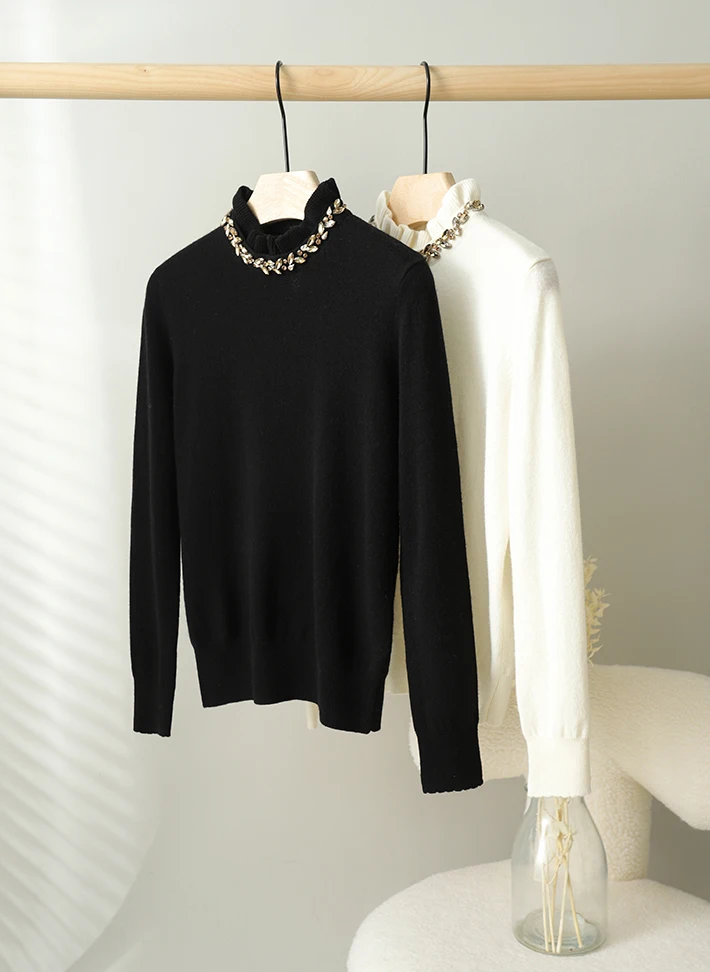 Diamonds Beaded Sweater Knitwear Women 2023 Spring Long Sleeve Half High Collar Pullover Solid Elegant All Match Ladies Jumpers