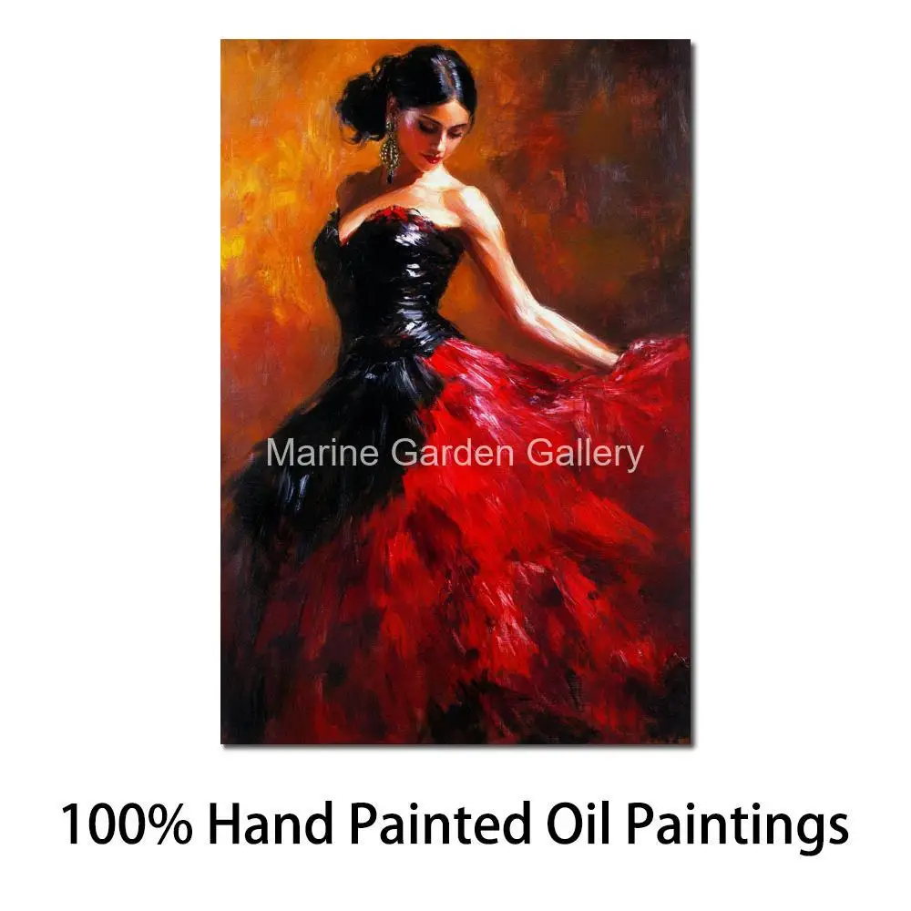 Romantic Female Canvas Art Oil Painting Handmade  Flamenco Dancers In Red Beautiful Woman Artwork Living Room Modern Decor Large