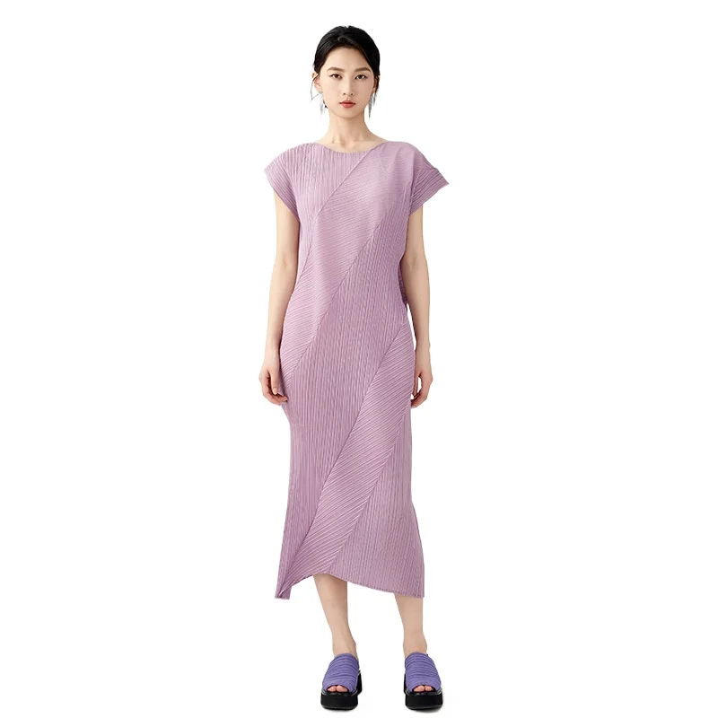 Miyake Style Pleated Dress Women 2024 Summer New Irregular Casual Style Solid Color O-neck Short-sleeved Folded Mid-length Skirt