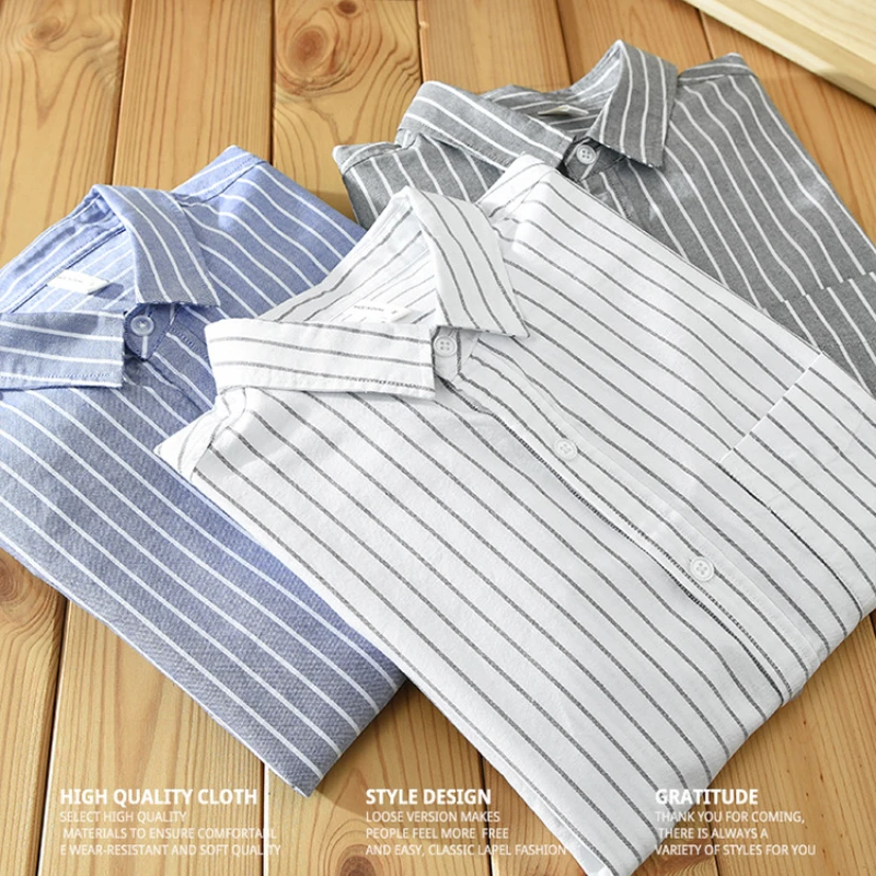 Spring Summer New 100% Cotton Striped Shirt for Men Clothing Slim Casual Streetwear C8858