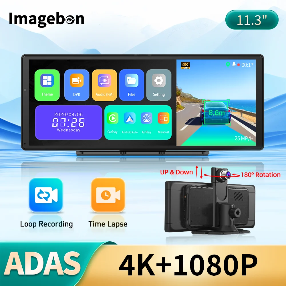 Imagebon 11.3 Inch 4k ADAS Video Recorder Wireless Carplay Android Auto Dash Cam GPS Navigation Bluetooth Dual Lens Car DVR