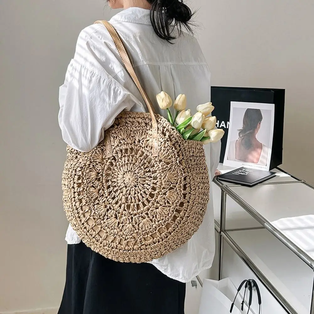 

Fashion Round Straw Weave Bag Handmade Boho Straw Tote Bag Hollow Large Capacity Woven Shoulder Bag Summer