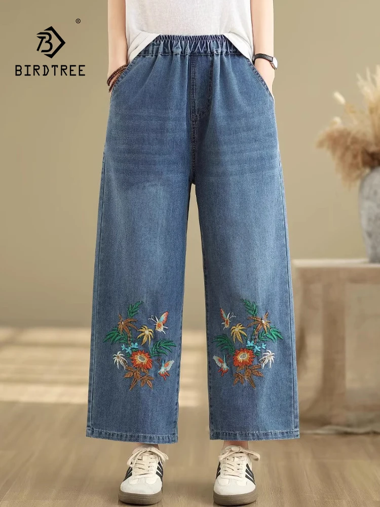 

New 2025 Summer Denim Cotton Jeans, Women Elastic Waist Floral Embroidery, Mori Girl Vintage Loose Wide Leg Trousers B56691CC