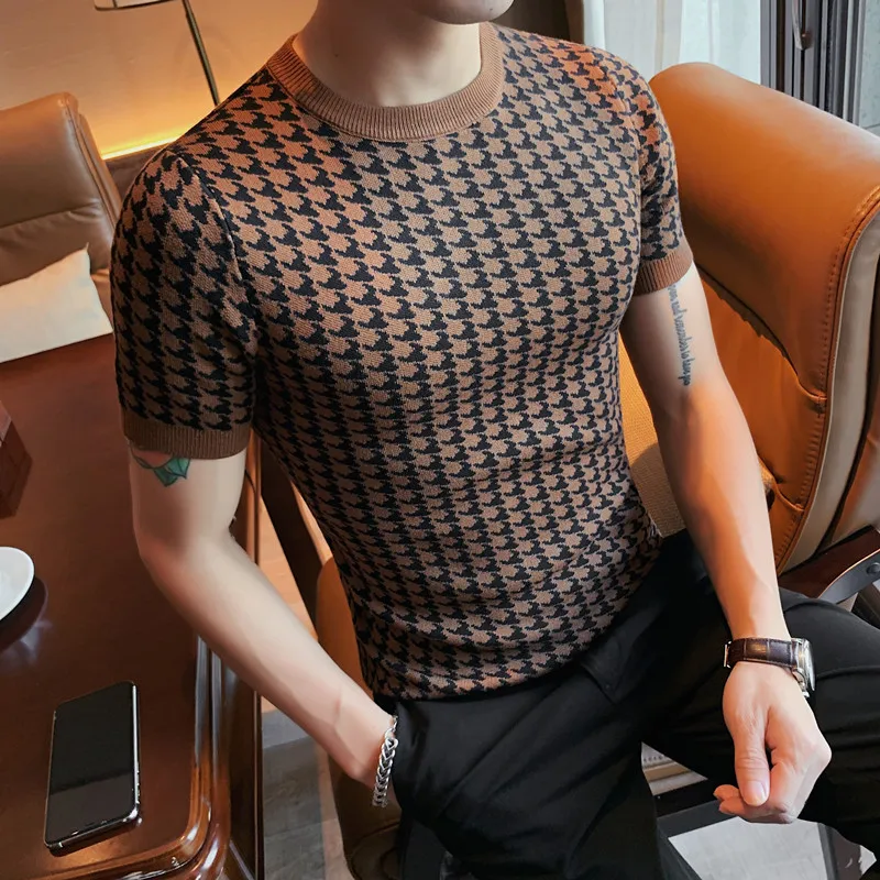 Luxury Men Autumn Slim Knitted Tshirt 2024 New Houndstooth O-neck Short Sleeve Top Tees Streetwear Social Club Casual Tee Shirt