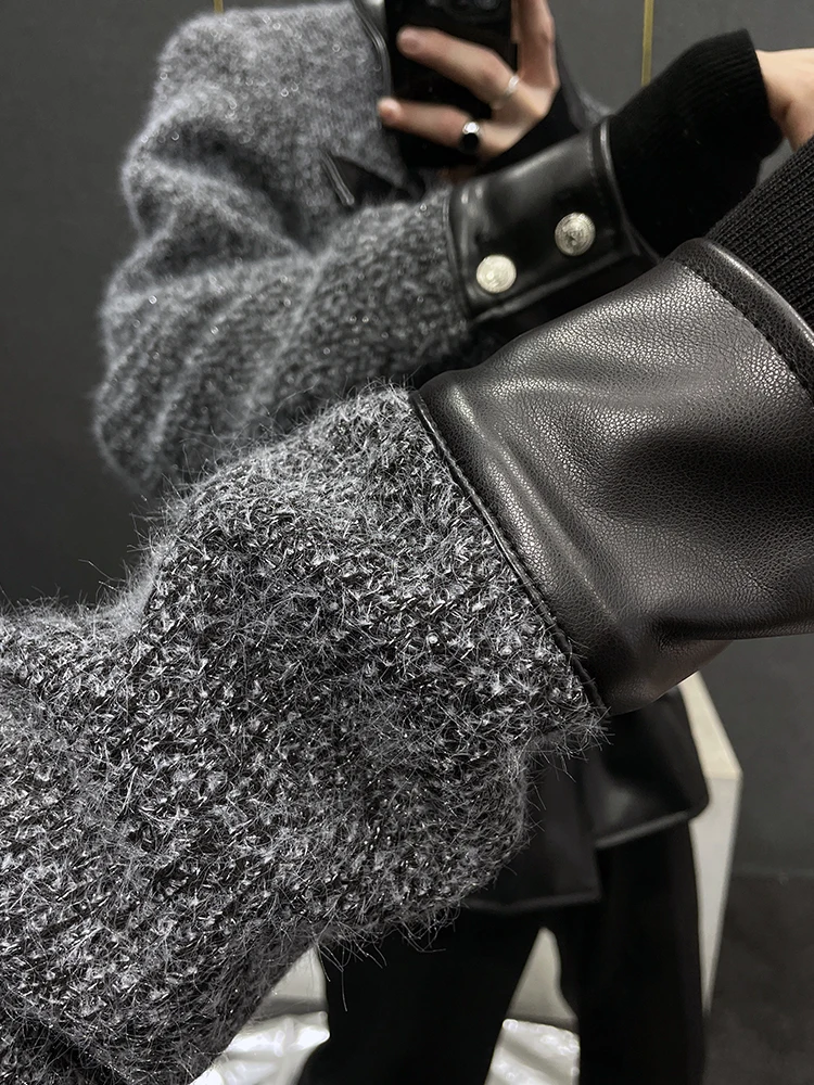 Autumn New Contrast Color Leather Stitching Fashionable Thickened Short Jacket Handsome Man Motorcycle Long Sleeve Jacket