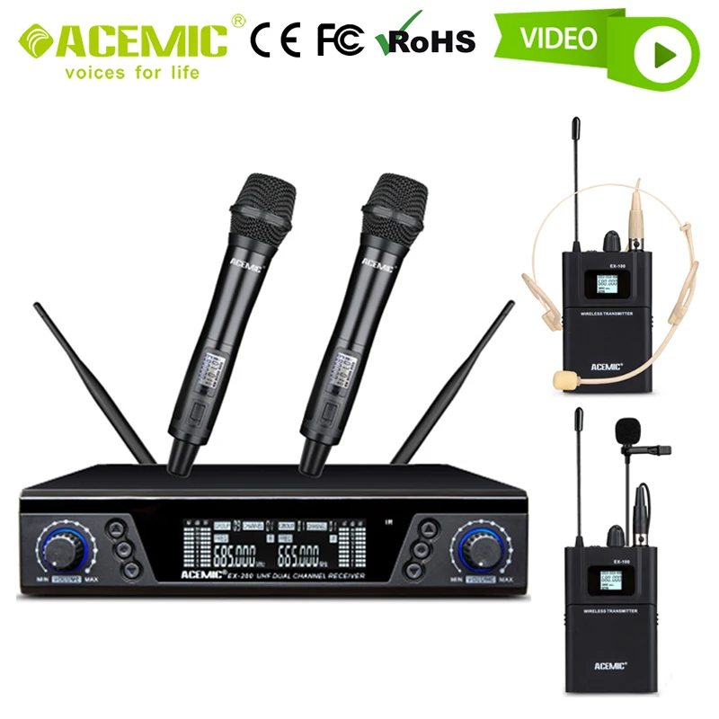 

Wireless Microphone System Dual Channel Professional UHF Double Handheld Headset Lavalier Lapel for Vocal Singing Karaoke Church