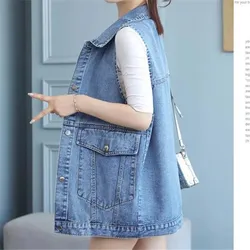 Single breasted Women's Denim Vest Jacket 2025 Spring New Korean Loose Sleeveless Jeans Outwear Casual Female Waistcoats Tops