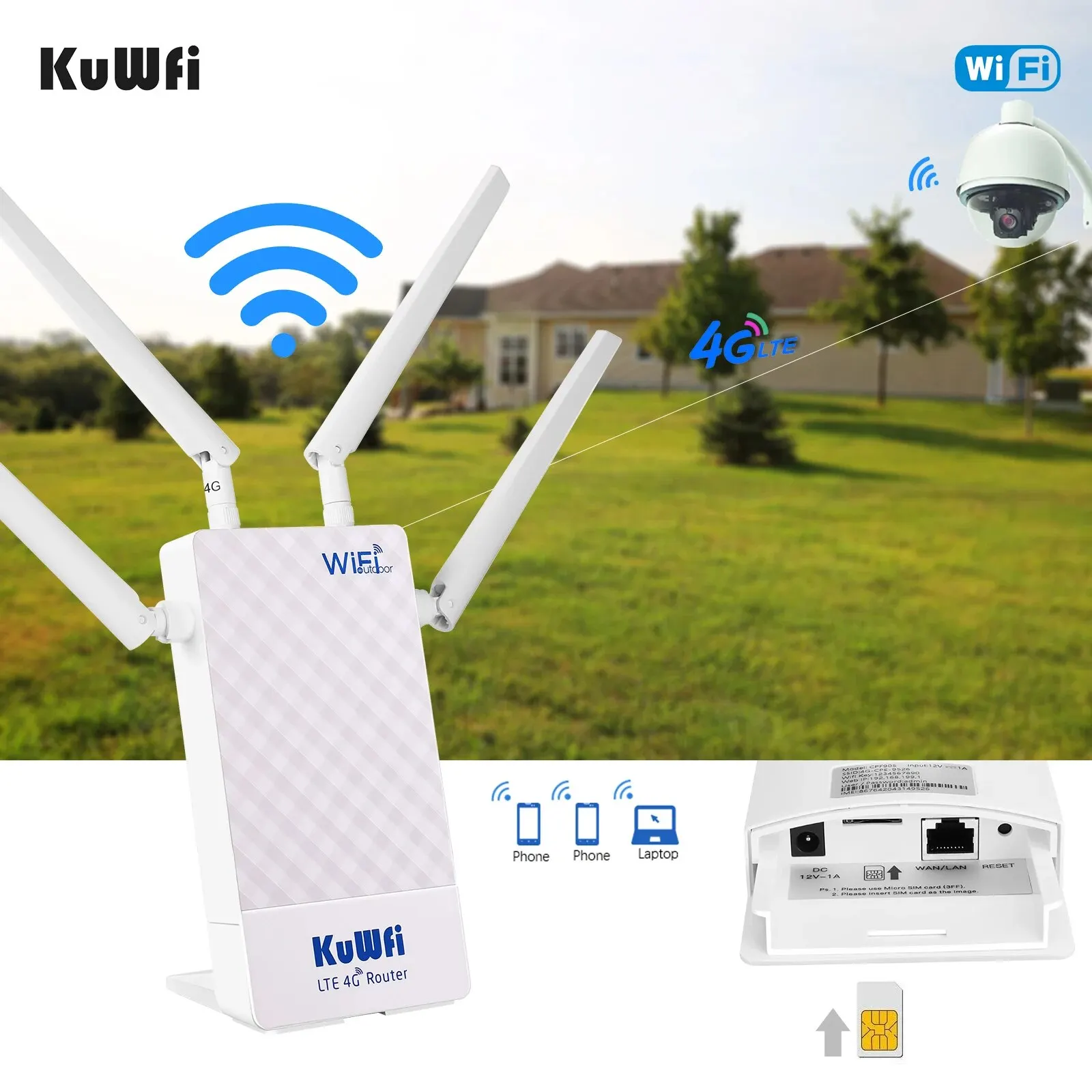 KuWFi 4G CPE Outdoor Router 300Mbps Wifi Router External Antenna Support Port Filtering DMZ MAC IP Settings for IP Camera