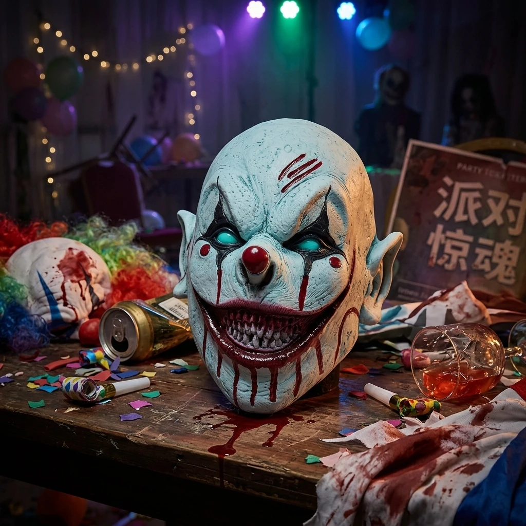 Scary Bloody Latex Full Head Mask Soft Silicone Realistic Skin Halloween Party Cosplay Stage Show Sharp Teeth Blood Painting Design White Face Black Eye Makeup Look Style Mini Top Hat Ruffled Collar For Men Fans Roleplay Players Holiday Costume Gift Set