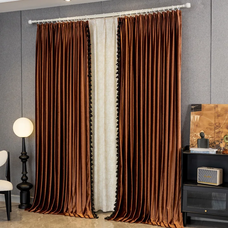 

French Medieval Style Caramel-colored Thickened Blackout Velvet Curtains for Living Room Bedroom Dining Custom Size Luxury Decor