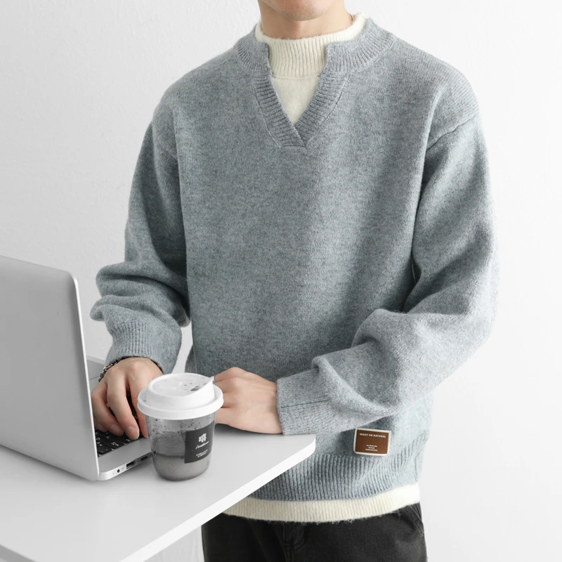 

Popular Solid Color Fake Two-piece Pullover Sweater Winter Autumn New Arrival O Neck Contrast Color Knitted Men's Pullover