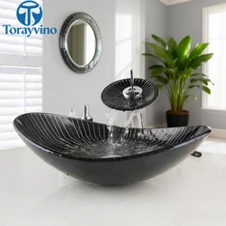 Torayvino Bathroom sink set 4 shapes Glass Hand Painted wash basin single hole deck mount Waterfall faucet Cold & Hot Mixer tap