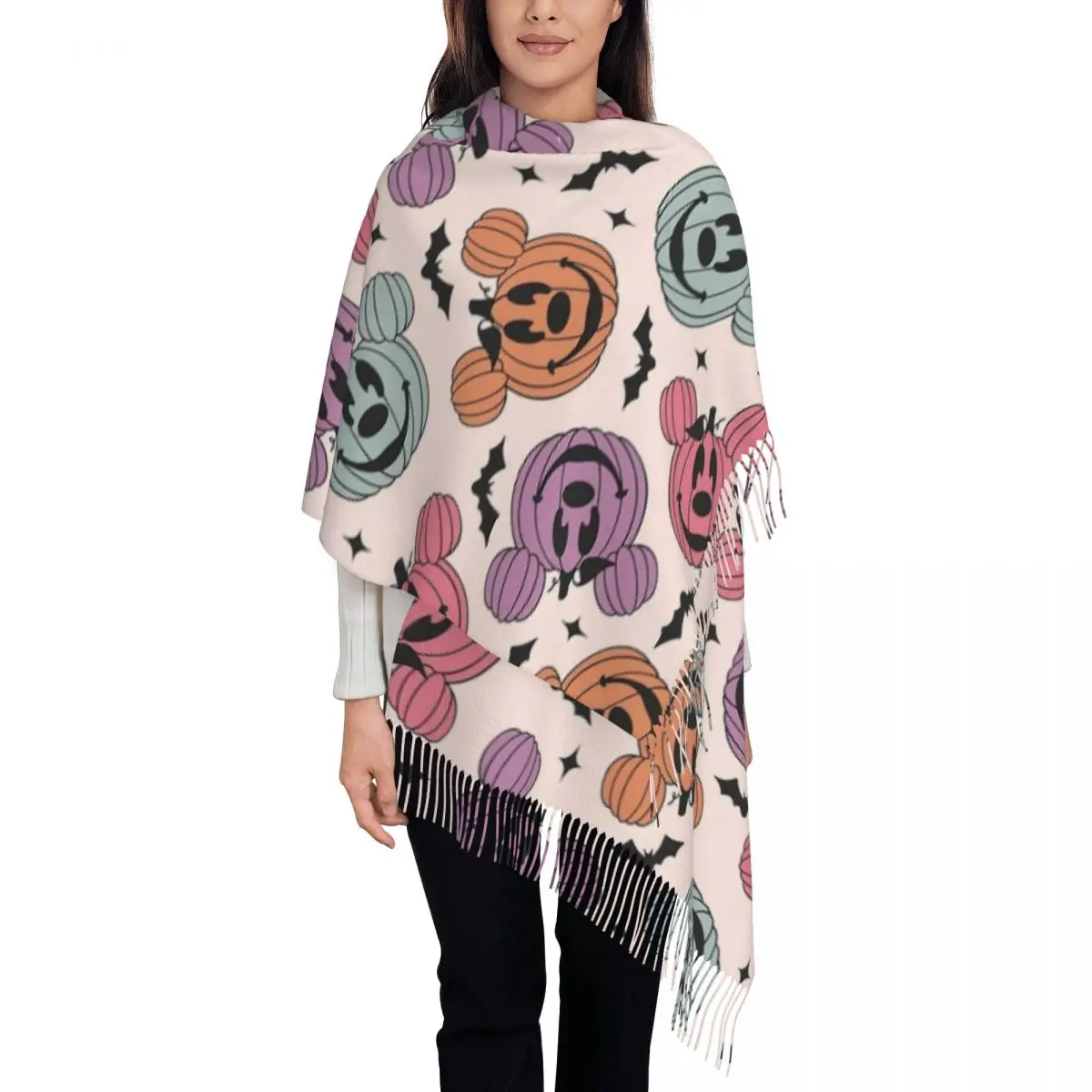 

Playful Pumpkins & Bats Shawl Wrap for Ladies Winter Warm Large Soft Scarf Mickey Halloween. Pashminas Shawl Scarves