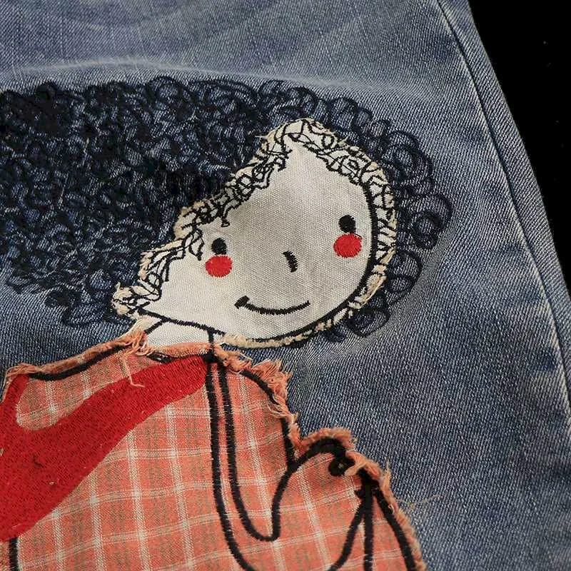 Boyfriend Jeans for Women Casual 2026 Cartoon Patchwork Calf Length Denim Harem Pants Elastic Waist Streetwear Women Clothing