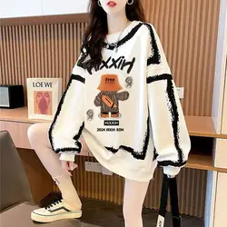 2024 New Long Sleeve Sweatshirts Autumn Winter Loose All-match Mid Length Top Female Casual Letter Cartoon Top Tee Women Clothes