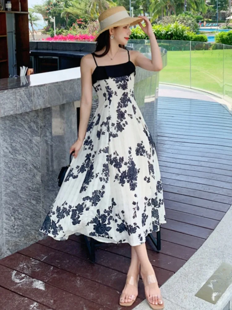 

Casual Spaghetti Strap Midi Long Dress Summer 2024 Korean Print Elegant Fashion Sexy Sleeveless Women Evening Vestidos Clothes