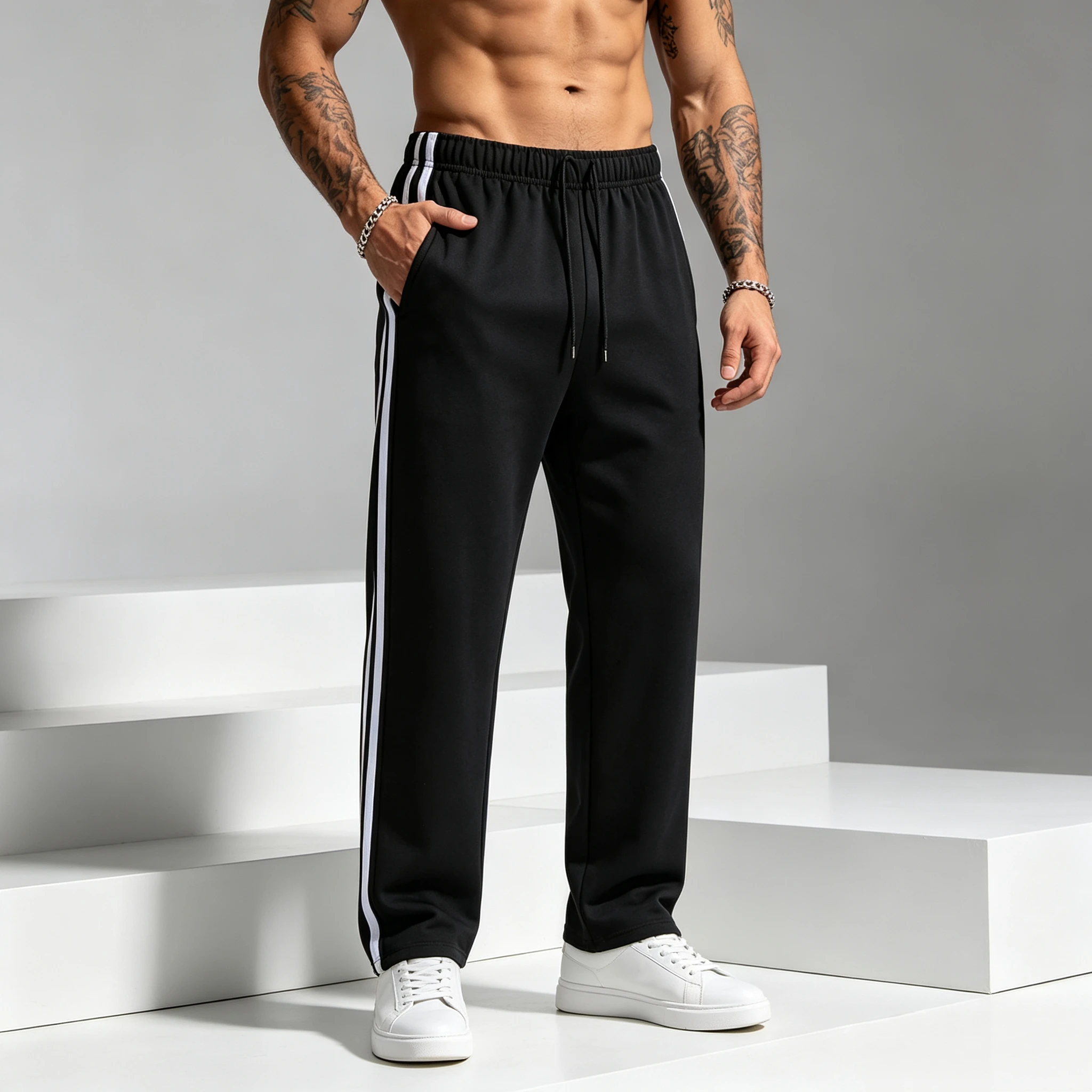 Herrenhose mit seitlichen Streifen, gerader Schnitt, Strickstoff, Fitness- und Jogginghose, Herrenhose mit elastischem Bund, Freizeitkleidung für den Frühling. – Detail 3
