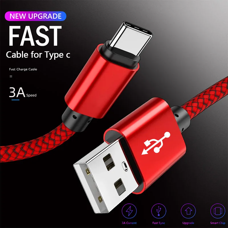 

USB A to Type C 2.4A Зарядный кабель Нейлоновый кабель для передачи данных для телефона Samsung Huawei Android Плетеное зарядное устройство TypeC 1M 2M 3M