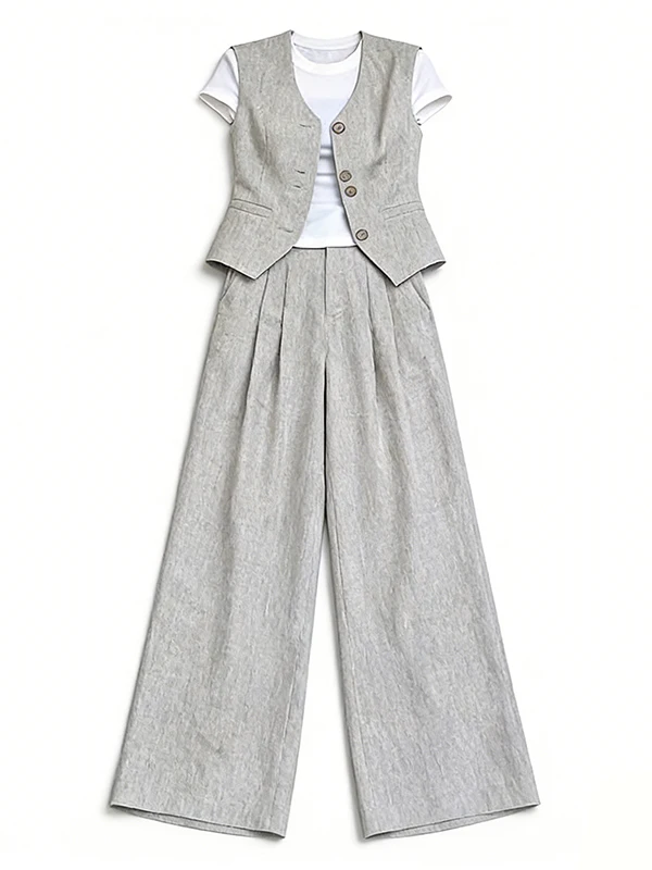 plus Size Casual Style Three Piece Set Women's Summer New White T-Shirt Sleeveless Tank Top Wide Leg Pants Ensemble 5