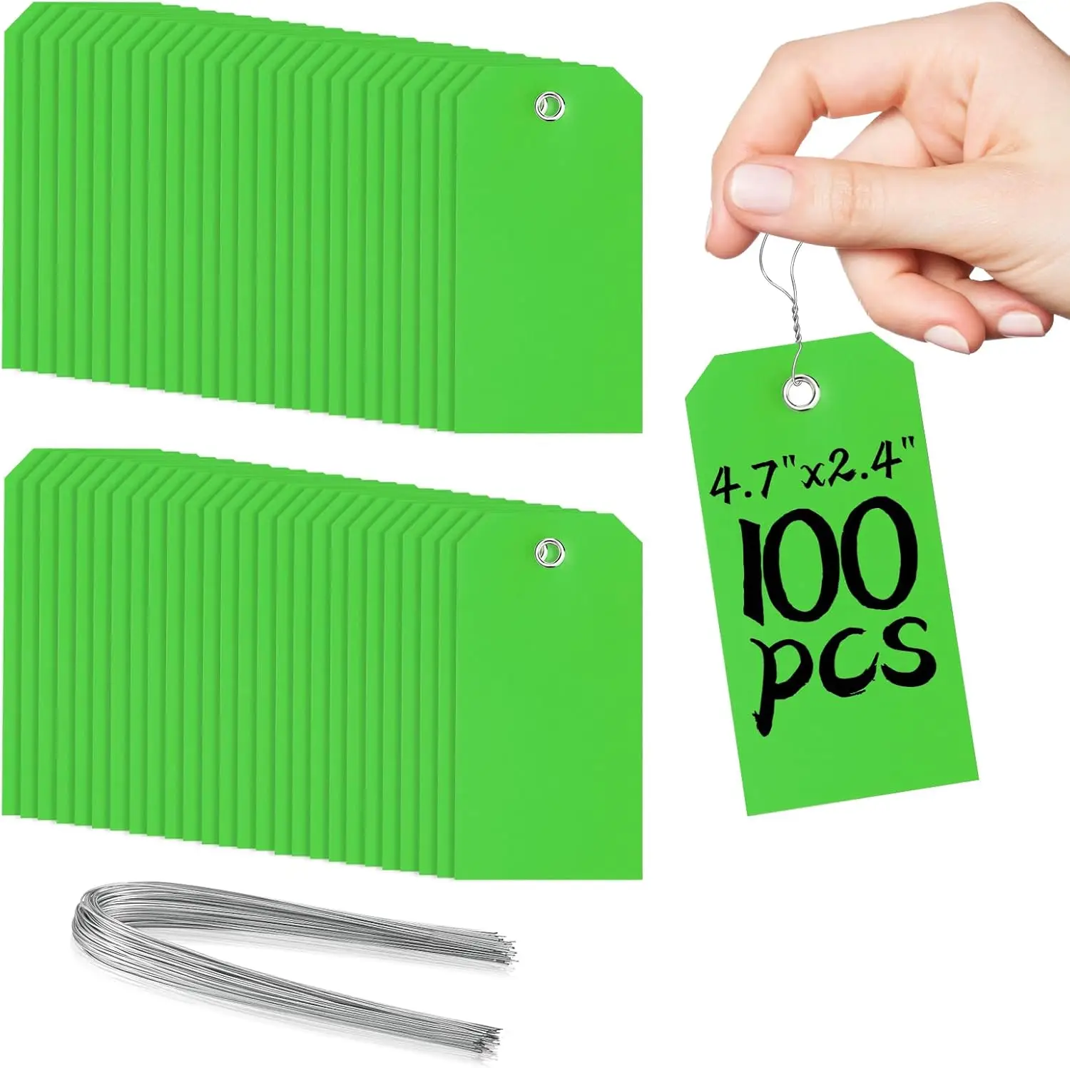

100 Green Plastic Shipping Tags with Wires, 4 3/4" x 2 3/8" Heavy Duty for Luggage and Parts