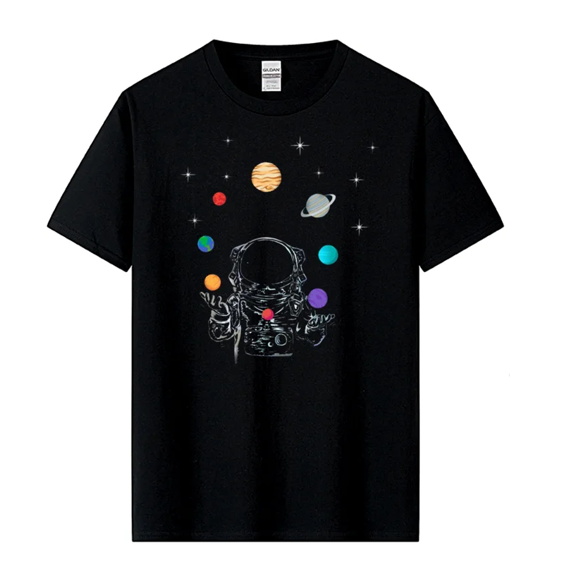 Men\'s High Quality T-shirt 100% Cotton Funny Astronaut Print Casual Loose Cool T Shirt O-neck Male T-shirt Male Tees Tops