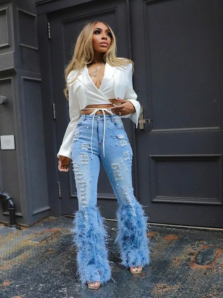 XIZOU Women Streetwear Ripped Out BeadingHollow Out Wide Leg Flare Feather Denim Pants 2024 INS Fashion Blue Jeans Trousers