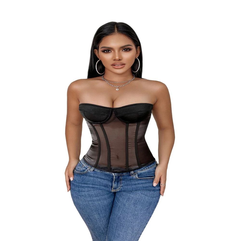 Sexy Women Mesh Bra Corset Gothic Translucent Lace Up Boned Overbust Bustier Top Clubtwear Lingerie