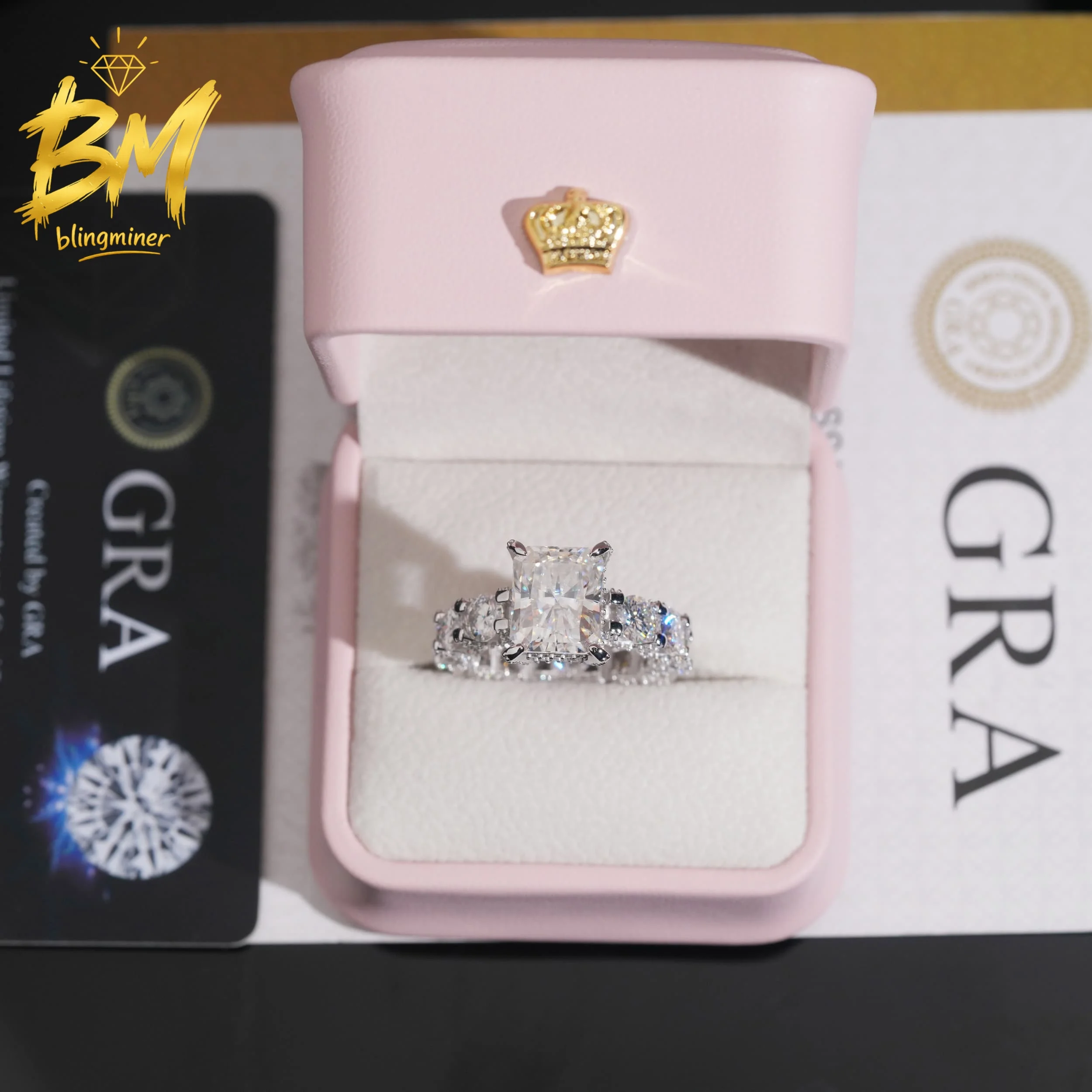 Blingminer Luxury Bling Radiant Cut VVS Moissanite Rings Women S925 Silver Finger Jewelry Pass Diamonds Tester GRA Free Shipping