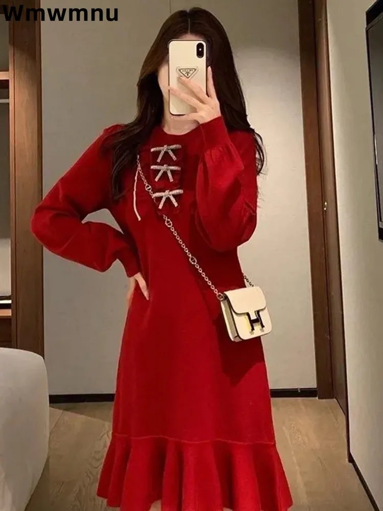 Elegant Bow Red Bottom Knitwear Dress Korean A-lined Chic Soft Suster Vestidos New Fashion Baggy New Years Kleid 2023