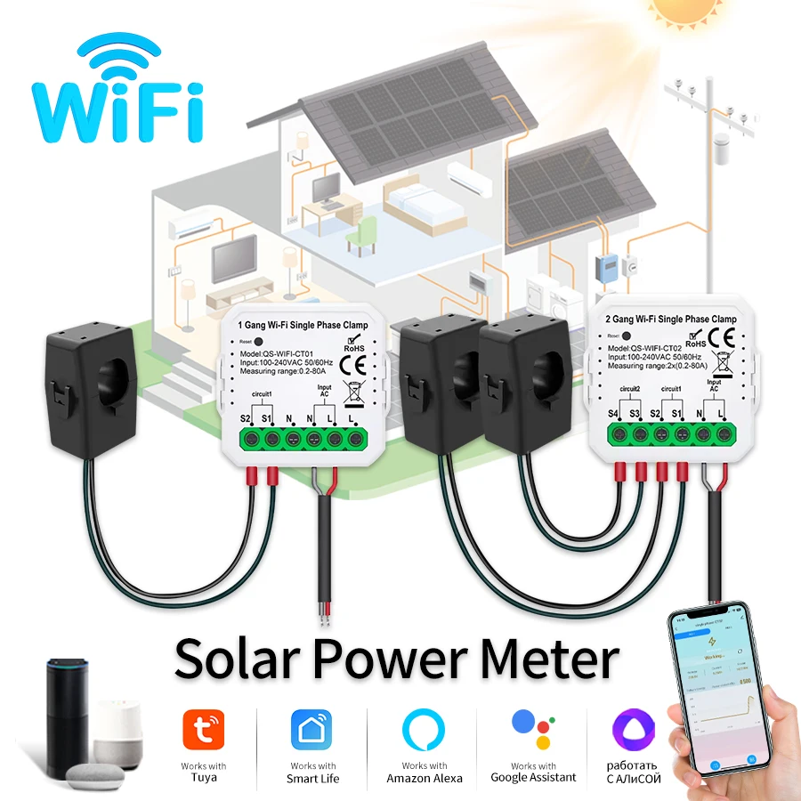Tuya WiFi inteligente medidor de energía de energía Solar 80A con abrazadera aplicación bidireccional Monitor exportación energía de importación 110-240V Sensor de corriente