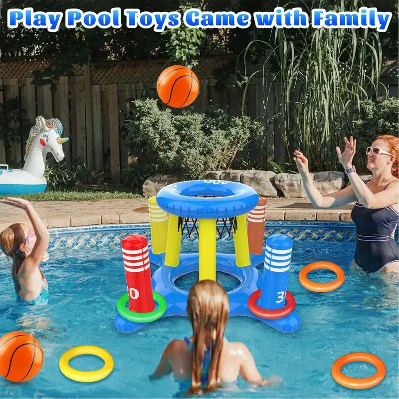 Basketball Hoop 2 In 1 Inflatable Pool Basketball Hoop Multifunctional Pool Toys Games With 8 Toss Rings Outdoor Water Game