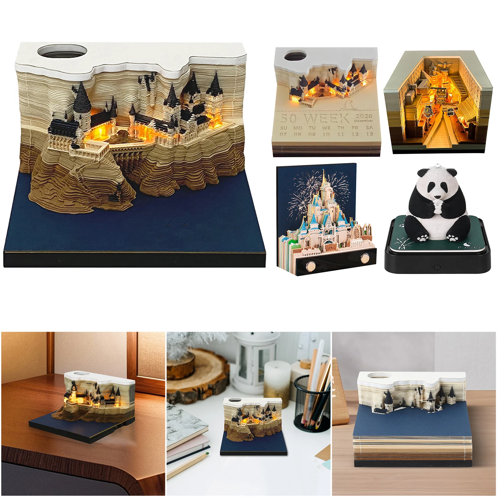 Calendario de pieza de tiempo 2026 Calendario de bloc de notas 3D con luz LED Calendario de arte 3D Regalo de Navidad para colegas Amiga Decoración de escritorio