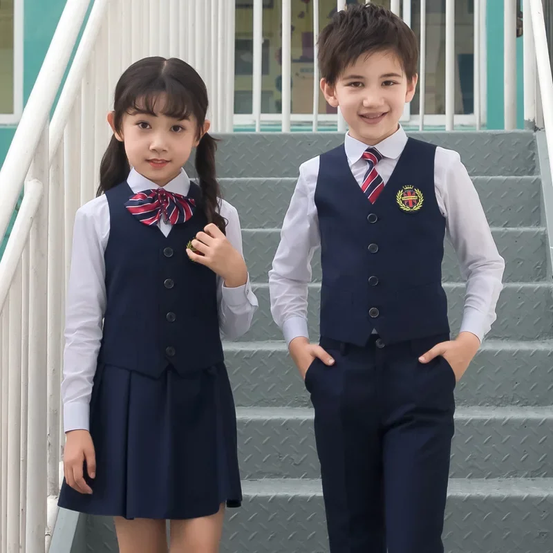 Vest Vest Stropdas Kleding Set Student Outfit Pak Kid Koreaans Japans Schooluniform voor Jongen Meisje Wit Overhemd Marine Rok Broek