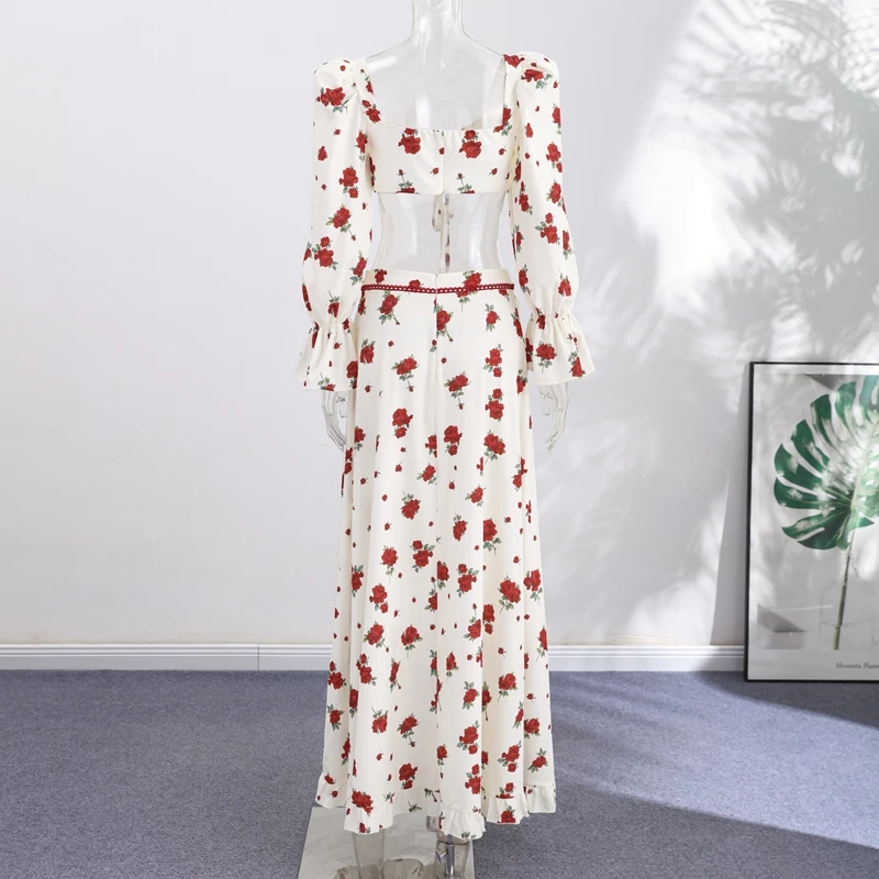 Kurz bedruckter Damenanzug mit quadratischem Kragen, langen Ärmeln, knöchellangem Rock mit seitlichem Schlitz, High Street Fashion, lässige Sets, Sommer 2026 – Detail 1