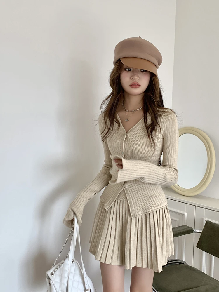 

Autumn Winter Suit 2024 Women Beige Brown Elegant Long Sleeve V-neck Button Knitted Sweater Tops And Pleated Skirt Two Piece Set