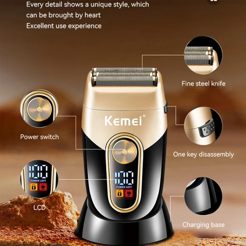 Kemei Barbeador Elétrico Recarregável para Homens, Aparador de Barba, Lavável, Stubble, USB Balds, Máquina de Barbear, Display LCD