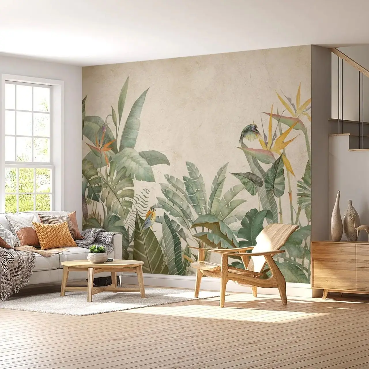 Tropical Leaves and Forest Flowers Wallpaper, Tropical Nostalgic Green Palm Trees Wall Mural,Tradition Non-woven Leaves Papers