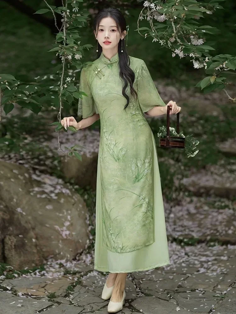 High-end Modern Cheongsam Dress Green Women\'s Clothing 2024 Improved Retro Chinese Traditional Elegant Chiffon Dress Pink Qipao
